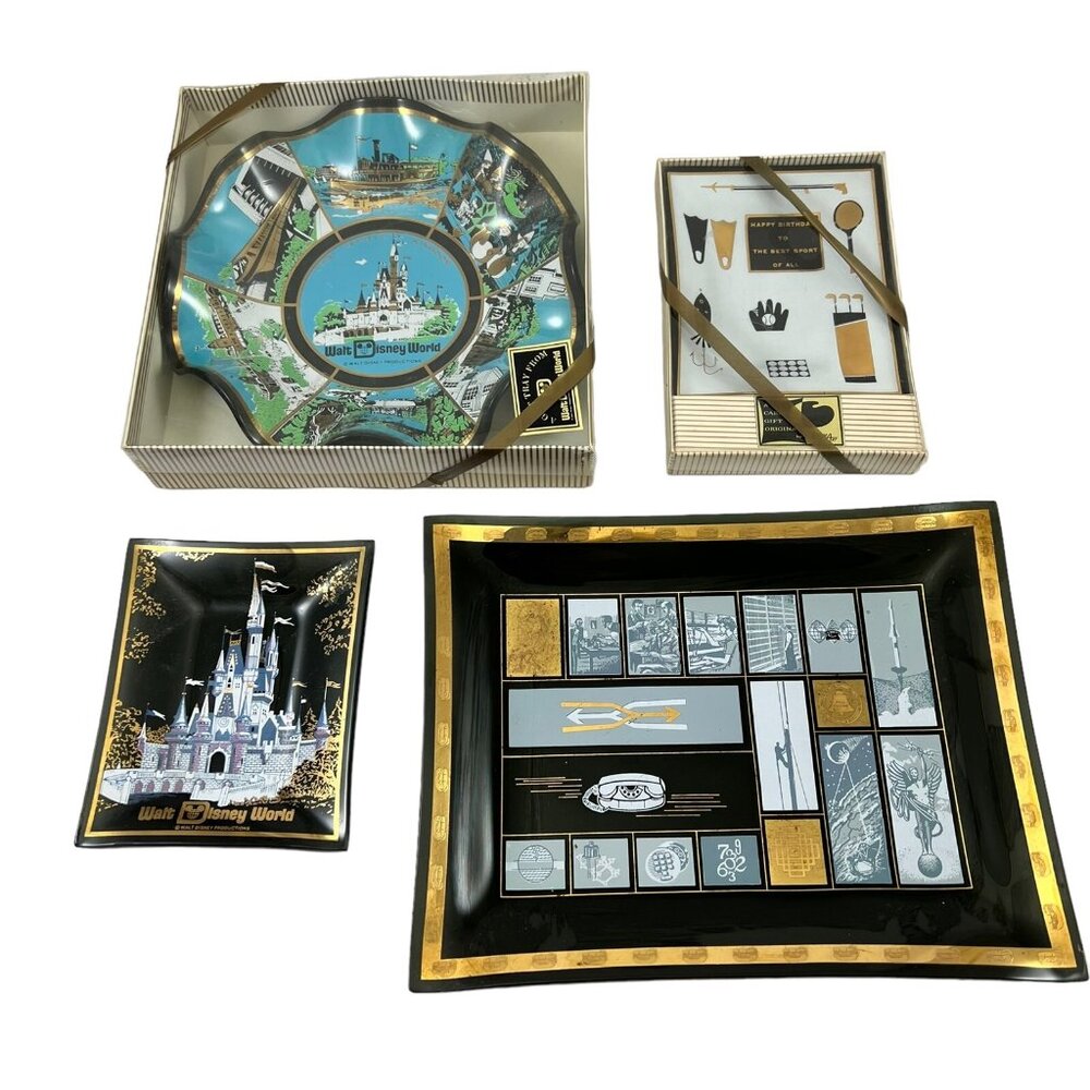 4 Houze & Other Smoked Glass Trays Happy Birthday Disney Telephone Vintage 1970s